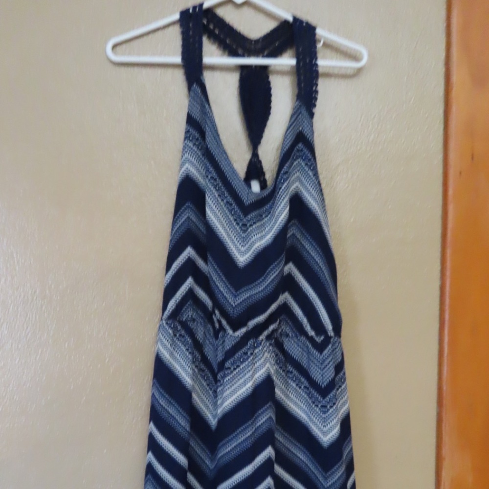 Blue color way pattered dress with crochet detail